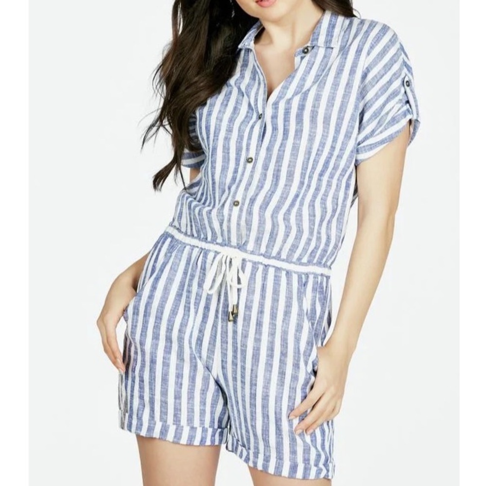 JustFab Stripe Day Linen Button Down Romper